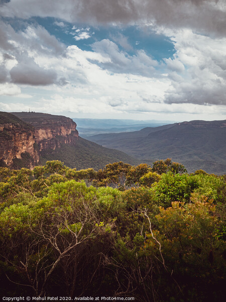 View of the Jamison Valley across the Blue Mountains from the Wentworth Falls lookout, Wentworth Falls, New South Wales, Australia Picture Board by Mehul Patel