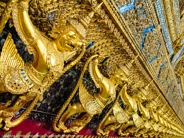 Golden statuettes and detail on the Temple of the Emerald Buddha in the grounds of the Grand Palace - Wat Phra Kaew, Thailand, Bangkok Picture Board by Mehul Patel