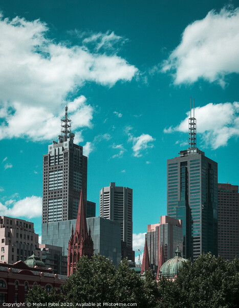 Skyline of skyscrapers against turquoise sky - Melbourne, Australia Picture Board by Mehul Patel