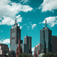 Buy canvas prints of Skyline of skyscrapers against turquoise sky - Melbourne, Australia by Mehul Patel