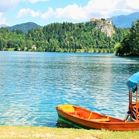Buy canvas prints of Boats at the Bled Island, Lake Bled, Slovenia. by M. J. Photography