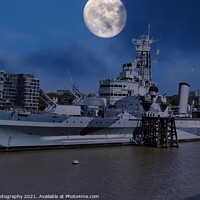 Buy canvas prints of The Moon over HMS Belfast -Town-class light cruise by M. J. Photography