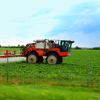 Buy canvas prints of Tractor spraying wheat field with sprayer during s by M. J. Photography