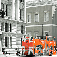 Buy canvas prints of black and white image with London red bus by M. J. Photography