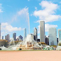 Buy canvas prints of Buckingham Fountain at Grant Park in Chicago, USA by M. J. Photography