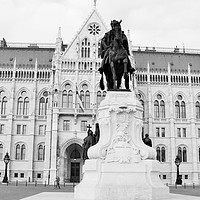 Buy canvas prints of statue of Count Gyula Andrassy with Hungarian Parl by M. J. Photography