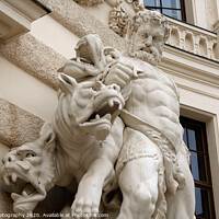 Buy canvas prints of Antique scene of fight between man and mythical creatures on The Hofburg palace in Vienna by M. J. Photography