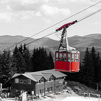 Buy canvas prints of The red cable car gondola in Sinaia, Romania by Florin Brezeanu