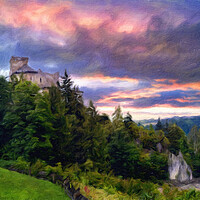 Buy canvas prints of Mysterious medieval castle by the mountain lake by Wdnet Studio