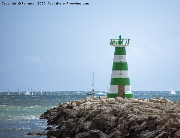 Sailboats speed past Vilamoura Lighthouse, Portuga Picture Board by Rehanna Neky