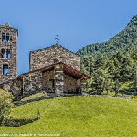 Buy canvas prints of Hilltop and stone church facade in the Pyrenees. Andorra Europe by Mario Koufios