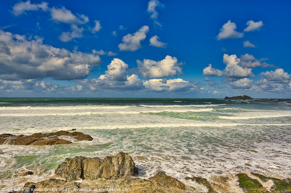 Godrevy Lighthouse and Hayle Beach Picture Board by Kevin Smith
