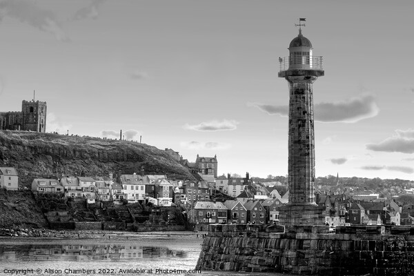 Whitby Harbour Lighthouse Black and White, North Y Picture Board by Alison Chambers