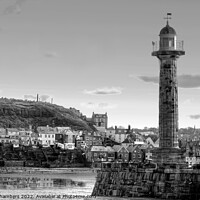 Buy canvas prints of Whitby Harbour Lighthouse Black and White, North Y by Alison Chambers