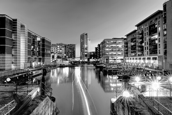 Leeds Dock Light Trails Monochrome  Picture Board by Alison Chambers