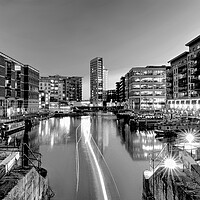 Buy canvas prints of Leeds Dock Light Trails Monochrome  by Alison Chambers