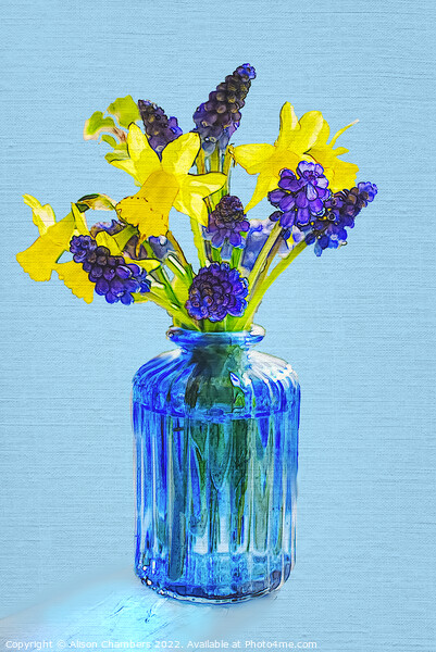 Spring Flowers In A Blue Glass Bottle  Picture Board by Alison Chambers
