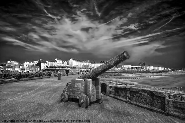 Bridlington North Pier Cannon monochrome, Yorkshir Picture Board by Alison Chambers