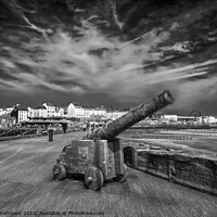 Buy canvas prints of Bridlington North Pier Cannon monochrome, Yorkshir by Alison Chambers
