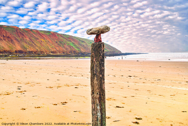 Filey Bay Balancing Stones 2 Picture Board by Alison Chambers
