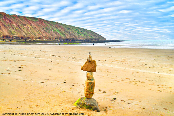 Filey Bay Balancing Stones 3 Picture Board by Alison Chambers