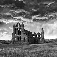 Buy canvas prints of Whitby Abbey Storm Clouds Monochrome  by Alison Chambers