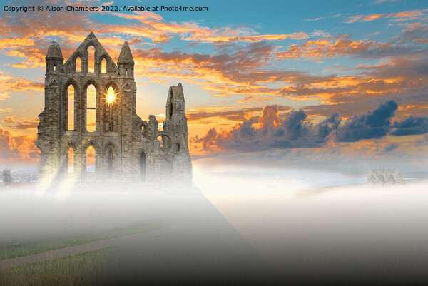 Evening Mist at Whitby Abbey  Picture Board by Alison Chambers