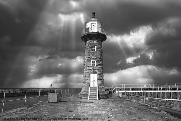 Whitby East Pier Lighthouse Monochrome  Picture Board by Alison Chambers
