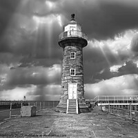 Buy canvas prints of Whitby East Pier Lighthouse Monochrome  by Alison Chambers