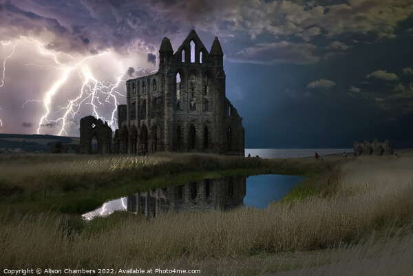 Whitby Abbey Lightning Storm Picture Board by Alison Chambers