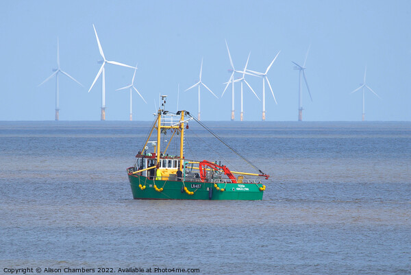 Skegness Boat and Wind Farm Picture Board by Alison Chambers