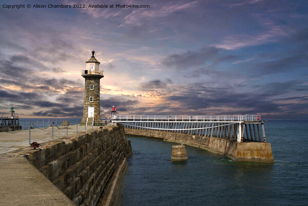 Whitby Pier Sunset Picture Board by Alison Chambers