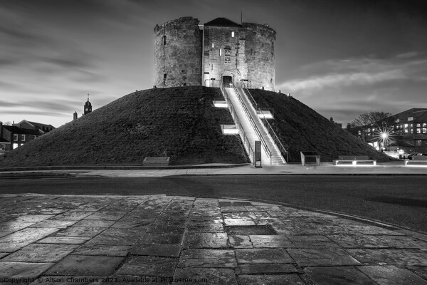 Cliffords Tower At Night Monochrome  Picture Board by Alison Chambers