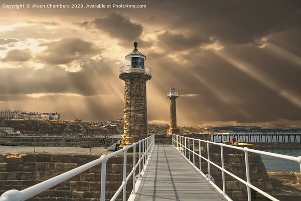 Whitby Harbour Lighthouses Picture Board by Alison Chambers