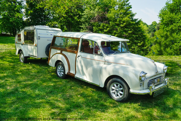 Morris Minor Traveller and Caravan Picture Board by Alison Chambers