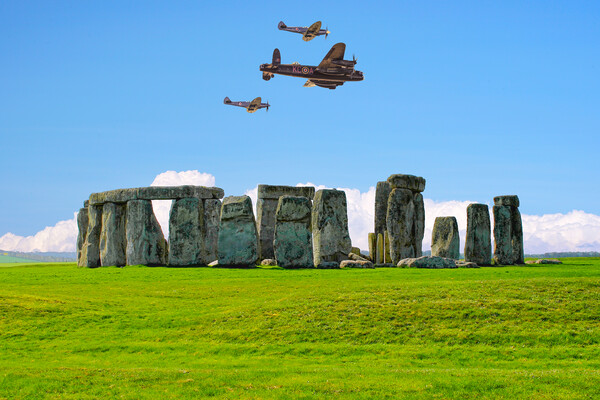 Stonehenge Spitfires and Lancaster Bomber Flypast Picture Board by Alison Chambers
