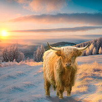 Buy canvas prints of Winter Sunrise Highland Cow by Alison Chambers