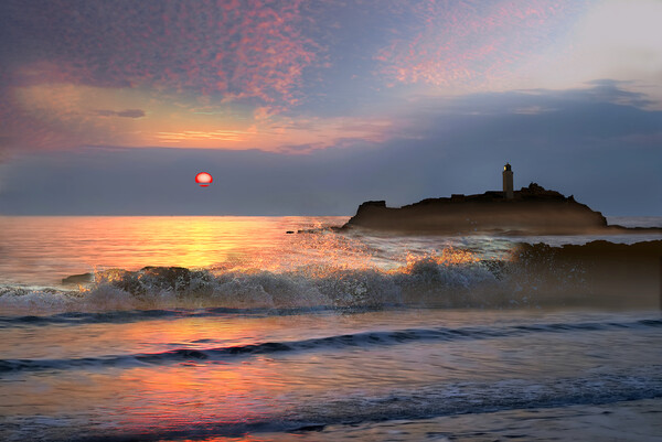 Godrevy Lighthouse Sunset Picture Board by Alison Chambers