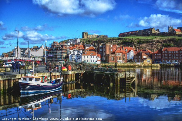 Whitby Harbour Blues Picture Board by Alison Chambers