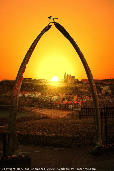Whitby Whalebones Sunrise Picture Board by Alison Chambers