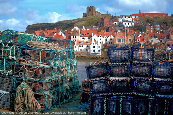Whitby Harbour and Lobster Baskets Picture Board by Alison Chambers
