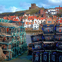 Buy canvas prints of Whitby Harbour and Lobster Baskets by Alison Chambers