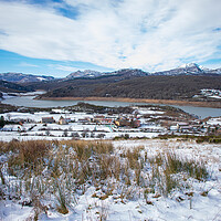 Buy canvas prints of lakeside village in the snow capped mountains by David Galindo