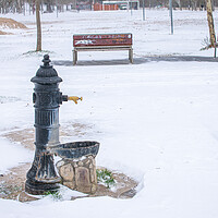 Buy canvas prints of water fountain in the park with snow in winter by David Galindo
