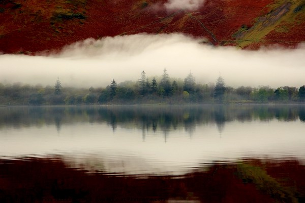 Reflections and mist Derwent Water Picture Board by Simon Johnson