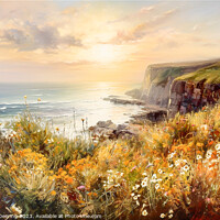 Buy canvas prints of Sea Cliifs and Wildflowers Golden Hour 1 by Robert Deering