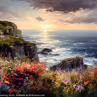 Buy canvas prints of Sea cliffs and wildflowers at sunset 1 by Robert Deering