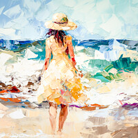 Buy canvas prints of Girl In Hat On The Beach by Robert Deering