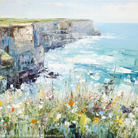 Buy canvas prints of Wildflower Cliffside, Calm Seas by Robert Deering