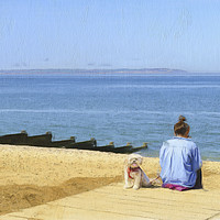 Buy canvas prints of Girl on Whitstable beach with dog by Robert Deering